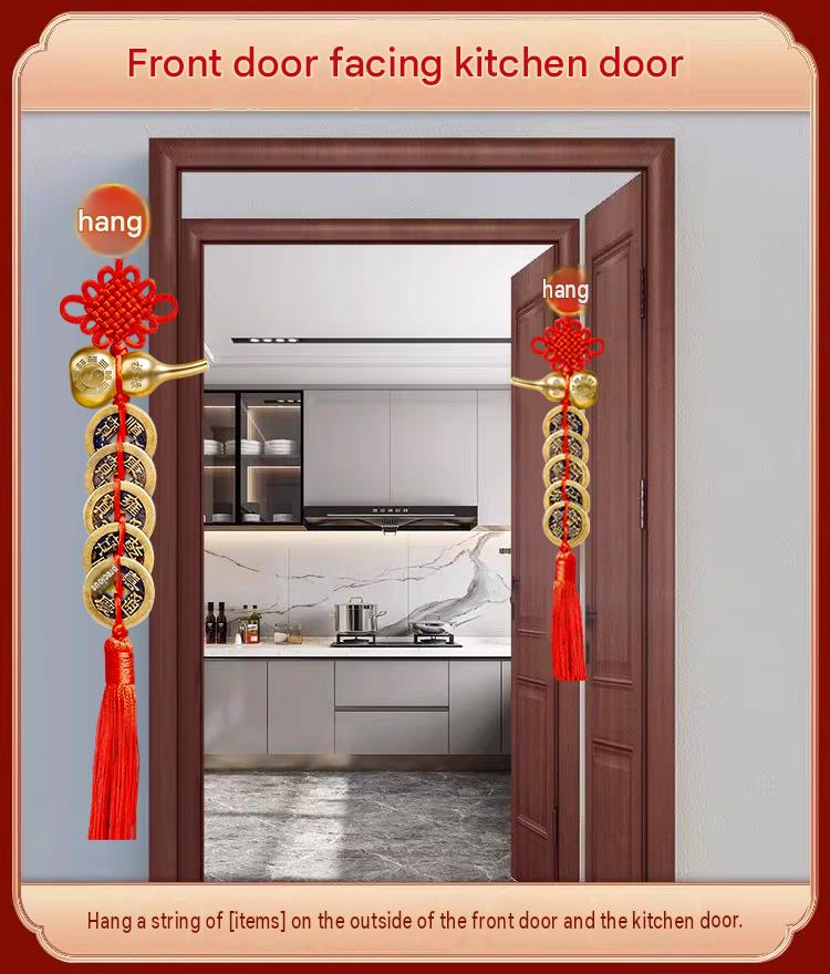 Five Emperor Coins Solid Brass Wu Lou Gourd Pendant, Chinese Knot Fortune & Longevity Hanging Ornament, Door-to-Door Feng Shui Decor for Bedroom Home