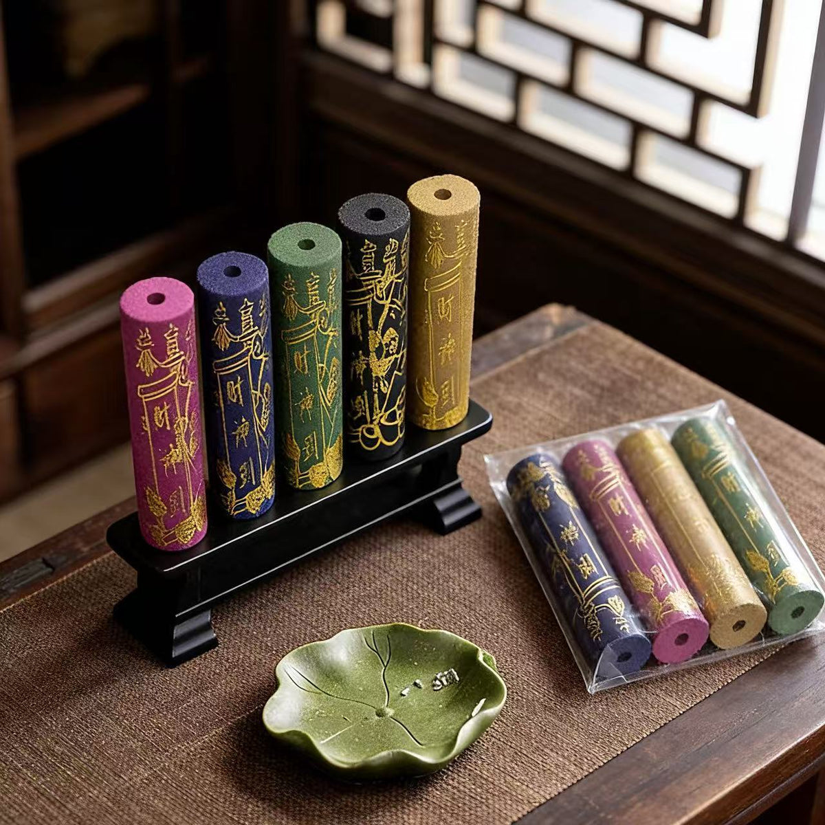 Five-Way Wealth God Manifest Writing Incense Sticks, Thick Round Black Wealth Incense, Natural Tibetan Sandalwood Cylinder Line Incense, Ritual Prayer Incense for Blessing, Meditation and Home Altar