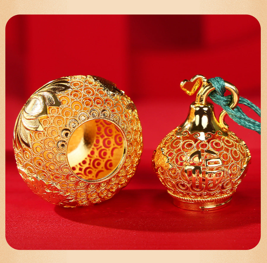 Brass Filigree Wu Lou Gourd Ornament, Mini Hollow Openable Brass Gourd Pendant, Fortune & Longevity Hanging Craft for Home Desktop Decor