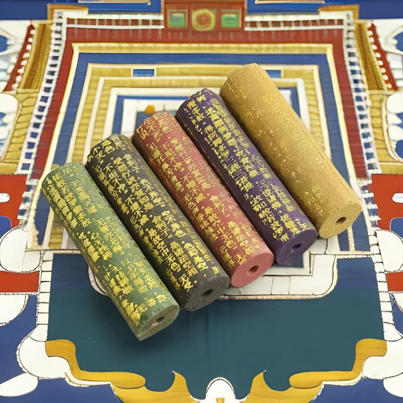 Five-Way Wealth God Manifest Writing Incense Sticks, Thick Round Black Wealth Incense, Natural Tibetan Sandalwood Cylinder Line Incense, Ritual Prayer Incense for Blessing, Meditation and Home Altar