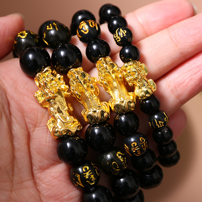 Sand Gold Pi Xiu Bracelet, Matte Gold-Tone Pixiu Feng Shui Charm Bracelet, Wealth Good Luck Beaded Bracelet for Men Women Everyday Wear