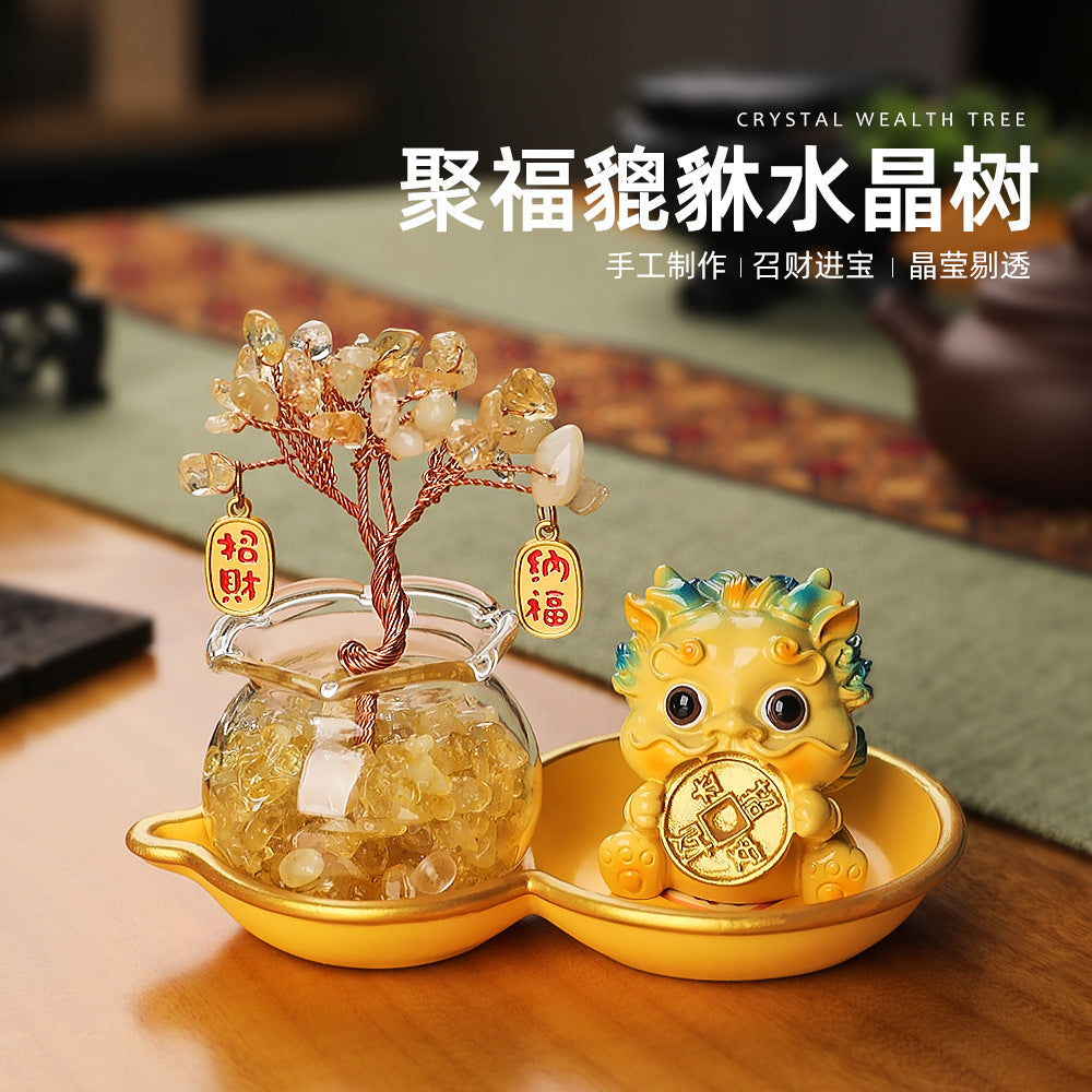 Crystal Tree & Pi Xiu Ornament Set with Wu Lou Gourd Base, Mini Money Tree Prosperity Decor, Cultural Creative Desktop Ornament for Home Office Good Fortune
