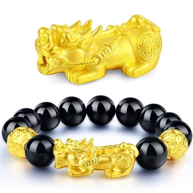 Sand Gold Black Obsidian Pi Xiu Bracelet, Imitation Agate Beaded Mala Bracelet, Minimalist Trendy Couple Feng Shui Prayer Beads Gift for Men Women