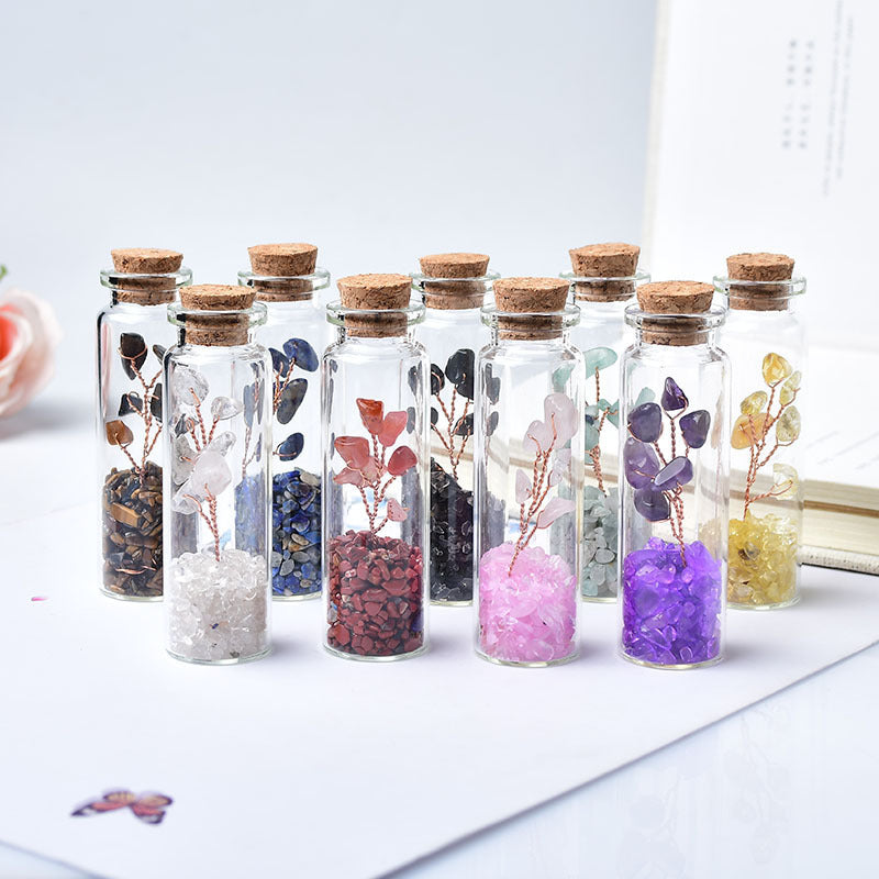 Natural Crushed Crystal Chips Tree in Mineral Specimen Bottle, Multi‑Material Crystal Tree Glass Wishing Bottle Handicraft Ornament, Home Desktop Decorative Display Piece