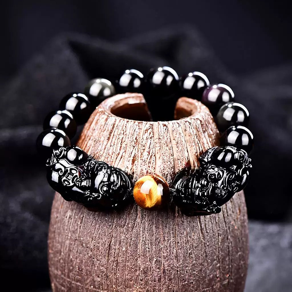 Natural Black Obsidian Double Pi Xiu Bracelet with Coin, Yellow Tiger's Eye Spacer Beads & Liuli Glass Pixiu Charm, Unisex Feng Shui Wealth Bracelet for Men Women