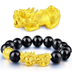 Sand Gold Black Obsidian Pi Xiu Bracelet, Imitation Agate Beaded Mala Bracelet, Minimalist Trendy Couple Feng Shui Prayer Beads Gift for Men Women