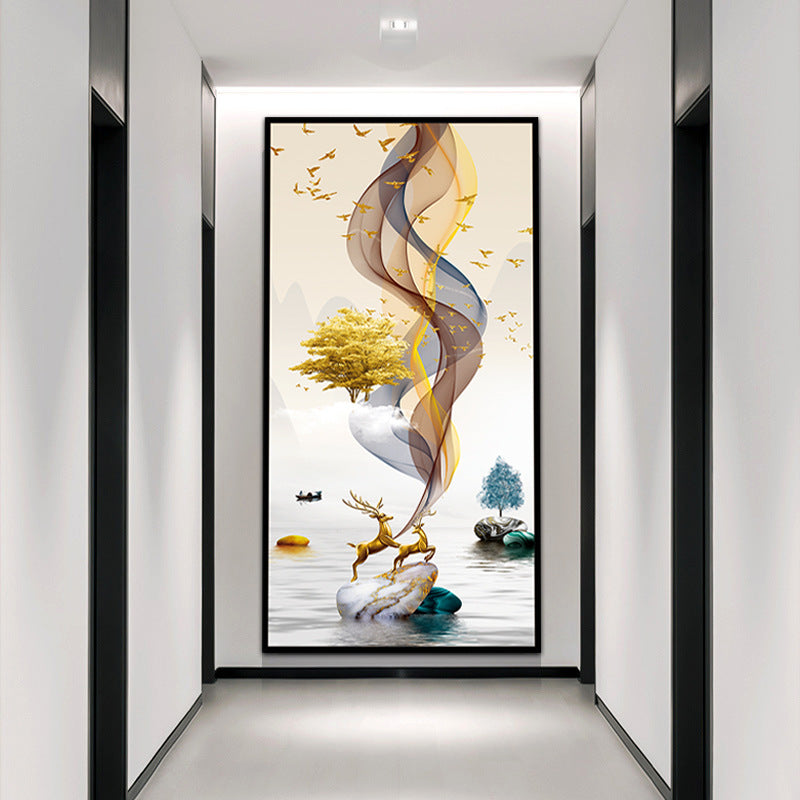 Self‑Adhesive Chinese Style Wall Mural, Auspicious Deer Theme Vertical No‑Frame Wall Sticker for Entryway Hallway Corridor Living Room Background Wall Decor
