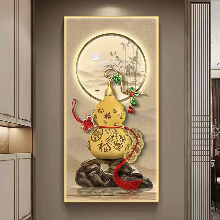 Self‑Adhesive Chinese Style Wall Mural, Fortune Gourd & Lucky Copper Coins Vertical Wall Sticker for Entryway Hallway Corridor Home Background Wall Decor