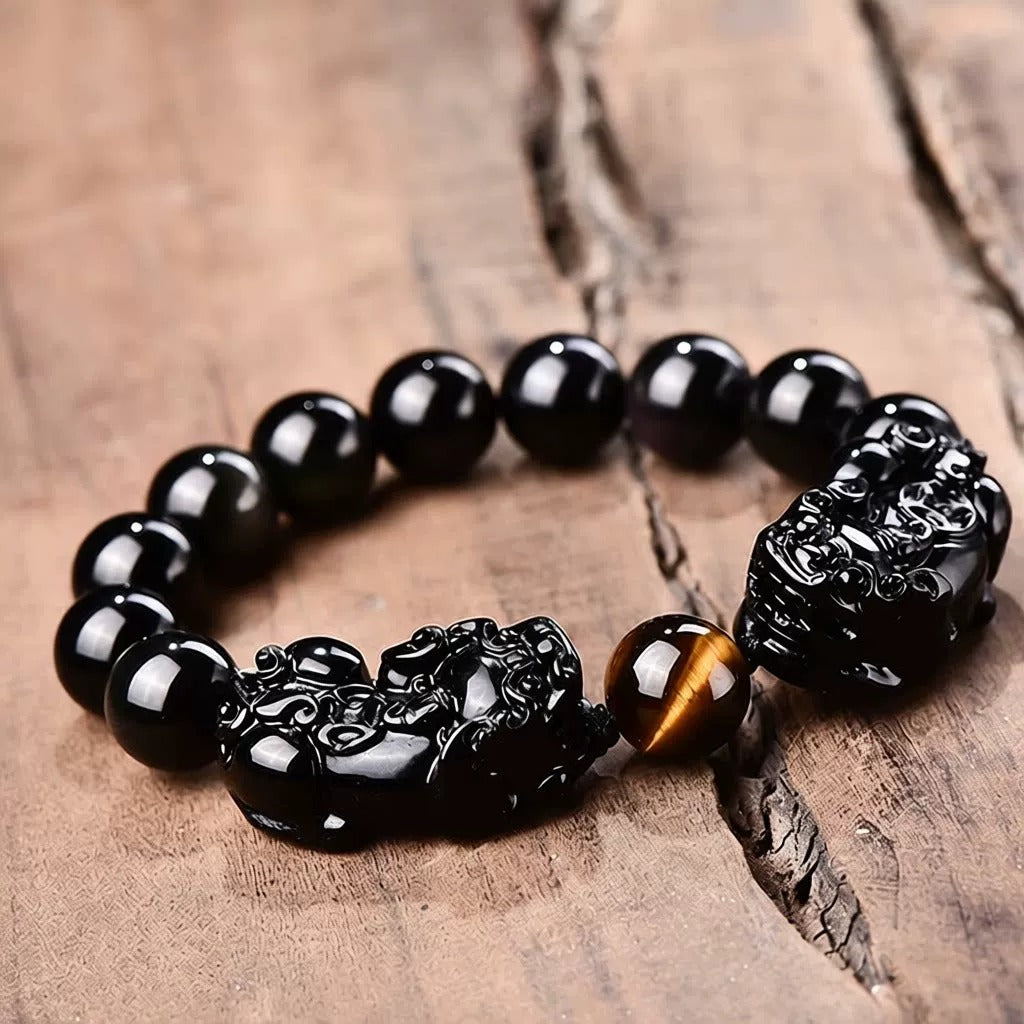 Natural Black Obsidian Double Pi Xiu Bracelet with Coin, Yellow Tiger's Eye Spacer Beads & Liuli Glass Pixiu Charm, Unisex Feng Shui Wealth Bracelet for Men Women