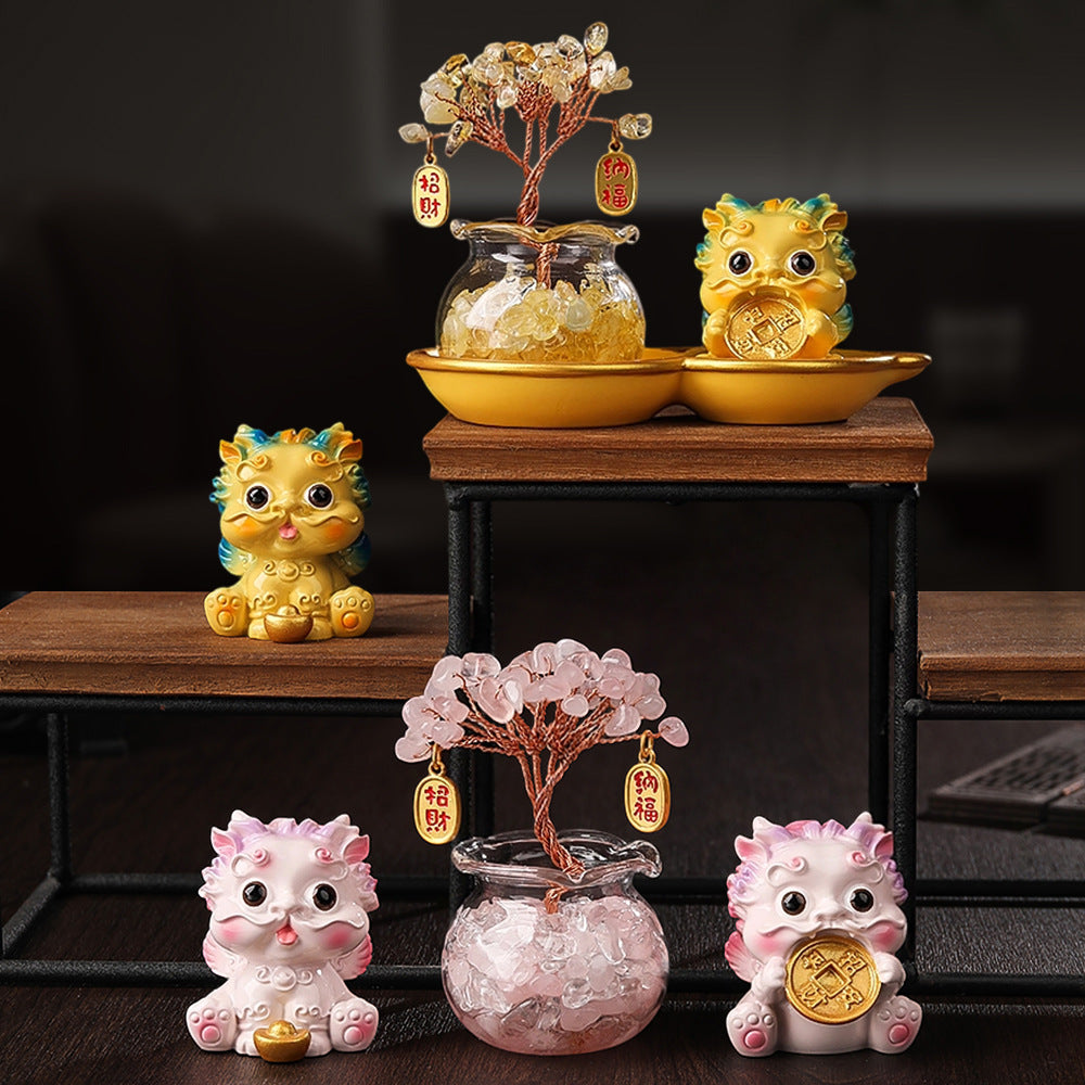Crystal Tree & Pi Xiu Ornament Set with Wu Lou Gourd Base, Mini Money Tree Prosperity Decor, Cultural Creative Desktop Ornament for Home Office Good Fortune