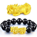 Sand Gold Black Obsidian Pi Xiu Bracelet, Imitation Agate Beaded Mala Bracelet, Minimalist Trendy Couple Feng Shui Prayer Beads Gift for Men Women