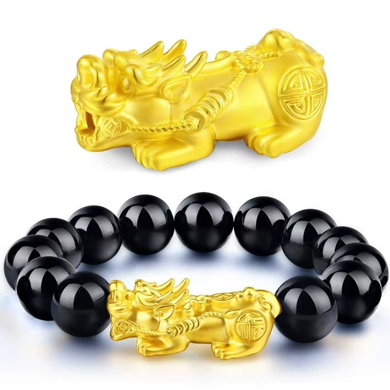 Sand Gold Black Obsidian Pi Xiu Bracelet, Imitation Agate Beaded Mala Bracelet, Minimalist Trendy Couple Feng Shui Prayer Beads Gift for Men Women