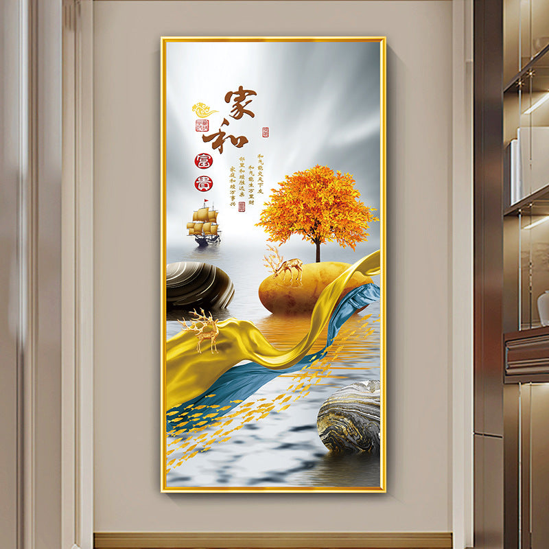 Self‑Adhesive Chinese Style Wall Mural, Harmonious Family & Prosperity Theme Vertical No‑Frame Wall Sticker for Entryway Hallway Corridor Living Room Background Wall Decor