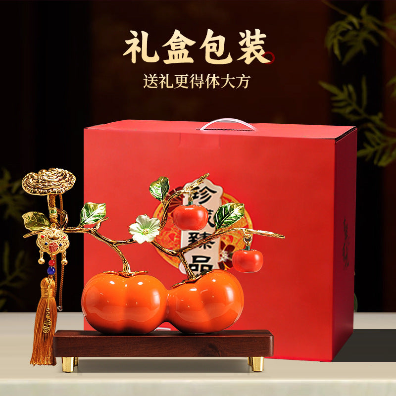 Premium Enamel Porcelain Persimmon Ornament, "Everything Goes Well" Ruyi Ceramic Decor for Living Room TV Wine Cabinet, Housewarming Gift for Boss Executive