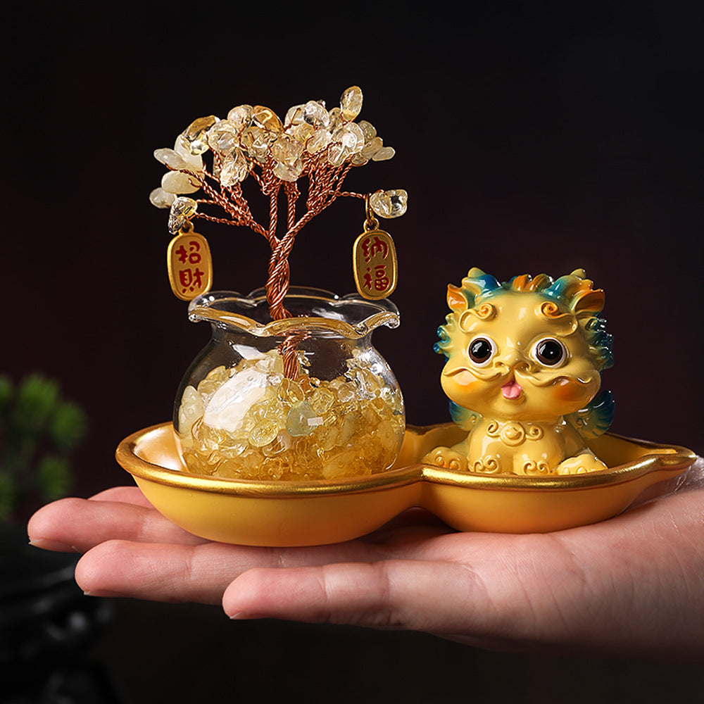 Crystal Tree & Pi Xiu Ornament Set with Wu Lou Gourd Base, Mini Money Tree Prosperity Decor, Cultural Creative Desktop Ornament for Home Office Good Fortune