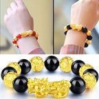 Sand Gold Black Obsidian Pi Xiu Bracelet, Imitation Agate Beaded Mala Bracelet, Minimalist Trendy Couple Feng Shui Prayer Beads Gift for Men Women