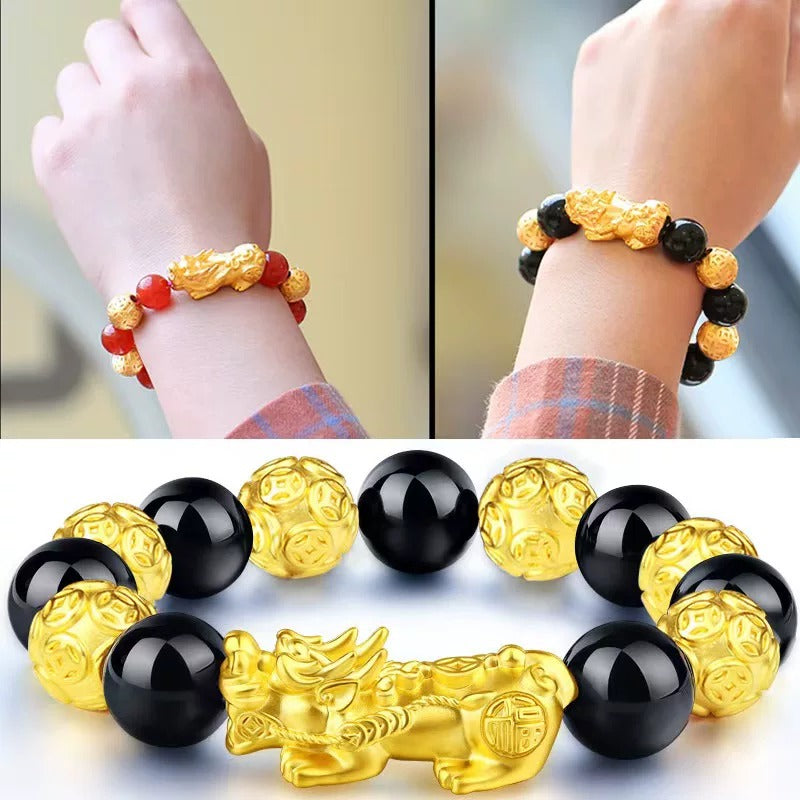 Sand Gold Black Obsidian Pi Xiu Bracelet, Imitation Agate Beaded Mala Bracelet, Minimalist Trendy Couple Feng Shui Prayer Beads Gift for Men Women