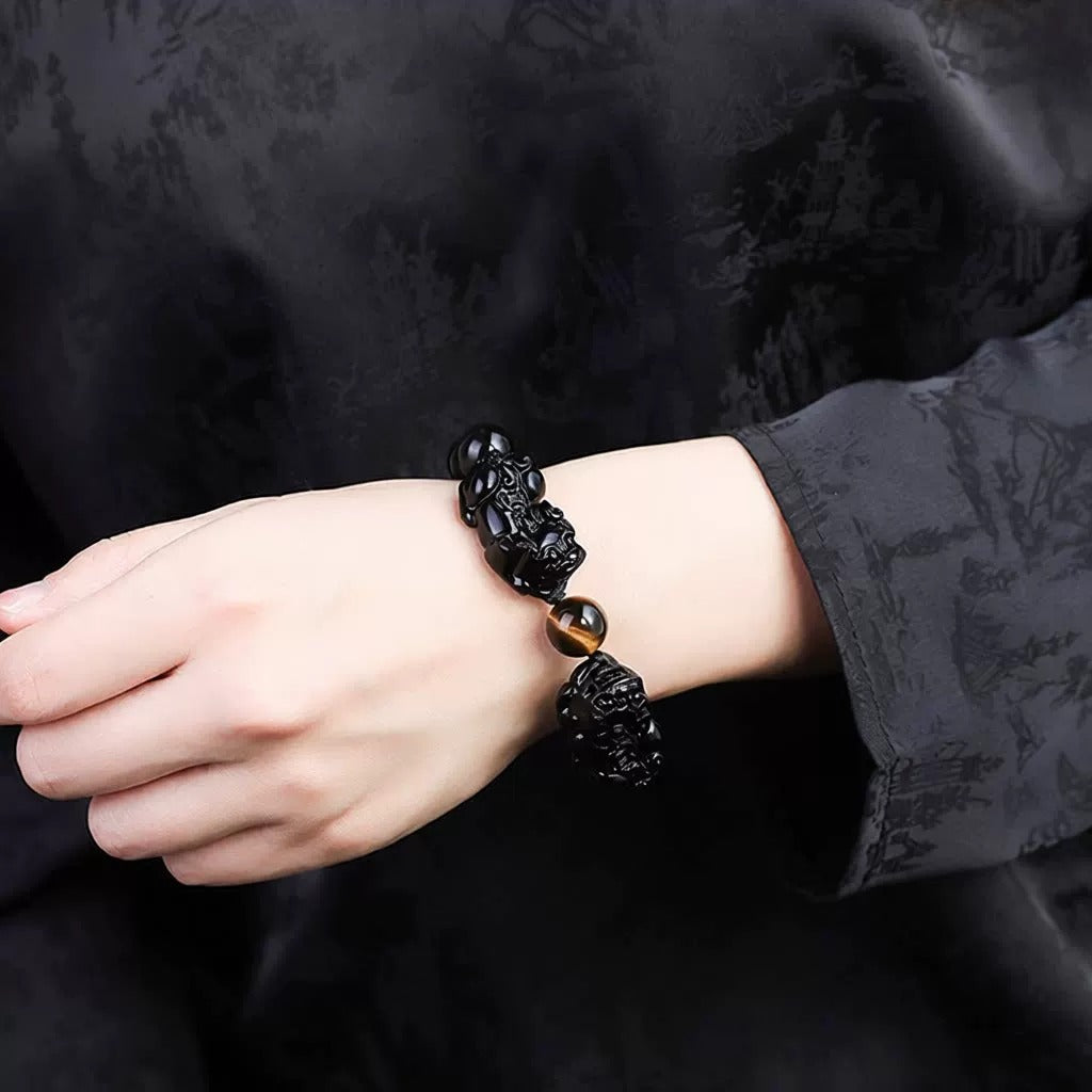 Natural Black Obsidian Double Pi Xiu Bracelet with Coin, Yellow Tiger's Eye Spacer Beads & Liuli Glass Pixiu Charm, Unisex Feng Shui Wealth Bracelet for Men Women
