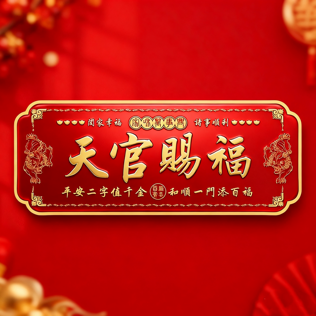 Tiān Guān Cì Fú Horizontal Aluminum Door Plaque, Pi Xiu Feng Shui Door Sign for Front Door, Housewarming Home Blessing Wall Decor, Large Size Door‑to‑Door Entryway Ornament for New Home