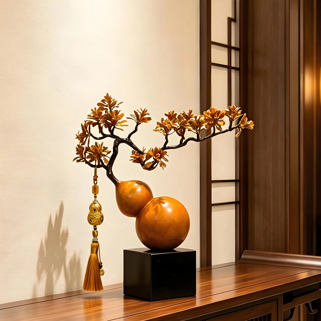 Modern Chinese Style Golden Pine Wu Lou Gourd Ornament, Solid Brass Handicraft with Custom Engraving, Premium Gift Box Housewarming Decor Gift
