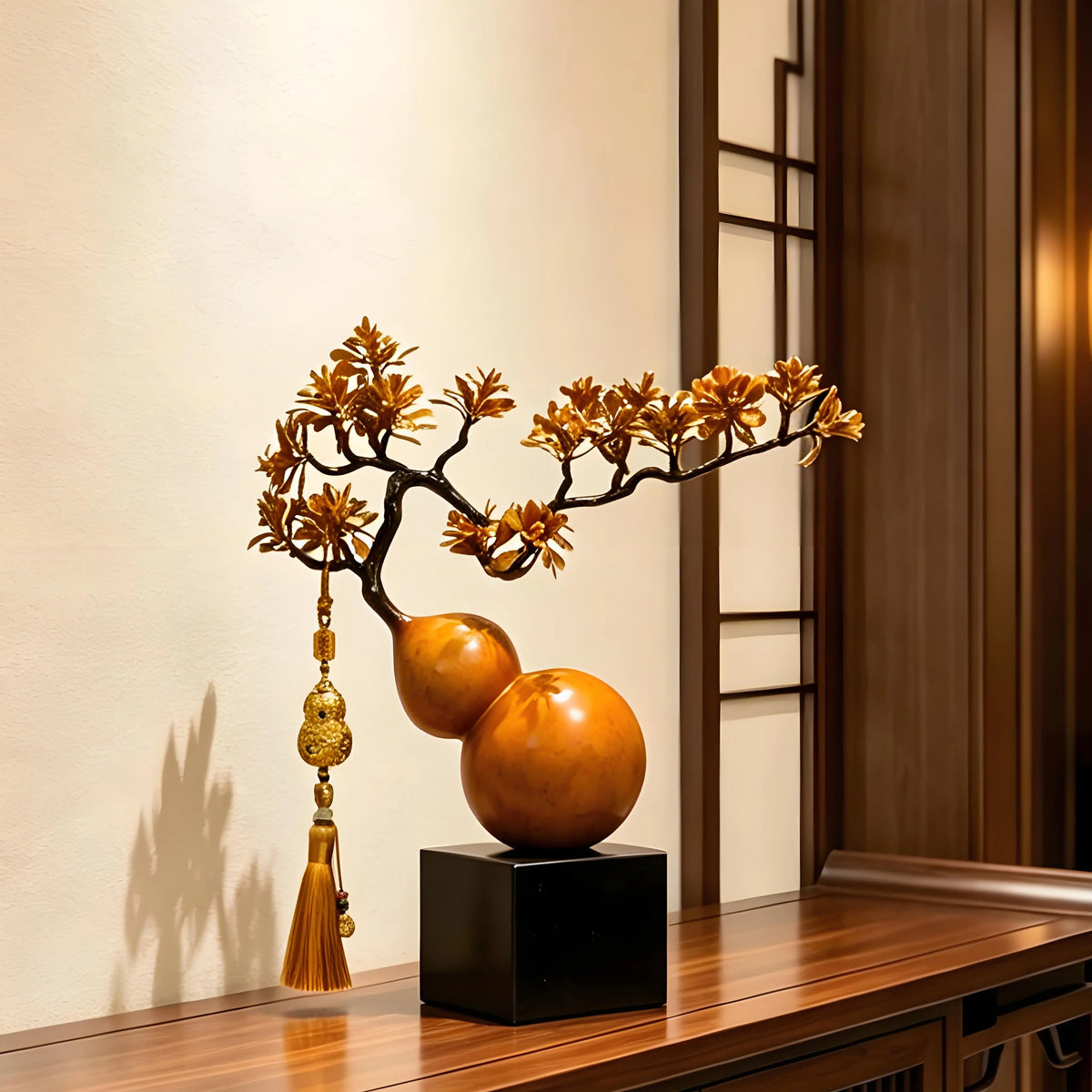 Modern Chinese Style Golden Pine Wu Lou Gourd Ornament, Solid Brass Handicraft with Custom Engraving, Premium Gift Box Housewarming Decor Gift
