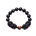 Natural Black Obsidian Double Pi Xiu Bracelet with Coin, Yellow Tiger's Eye Spacer Beads & Liuli Glass Pixiu Charm, Unisex Feng Shui Wealth Bracelet for Men Women