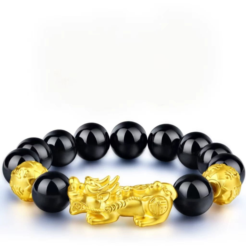Sand Gold Black Obsidian Pi Xiu Bracelet, Imitation Agate Beaded Mala Bracelet, Minimalist Trendy Couple Feng Shui Prayer Beads Gift for Men Women
