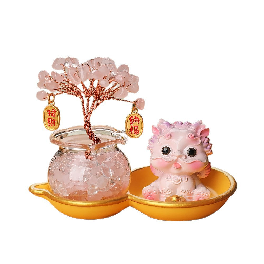Crystal Tree & Pi Xiu Ornament Set with Wu Lou Gourd Base, Mini Money Tree Prosperity Decor, Cultural Creative Desktop Ornament for Home Office Good Fortune
