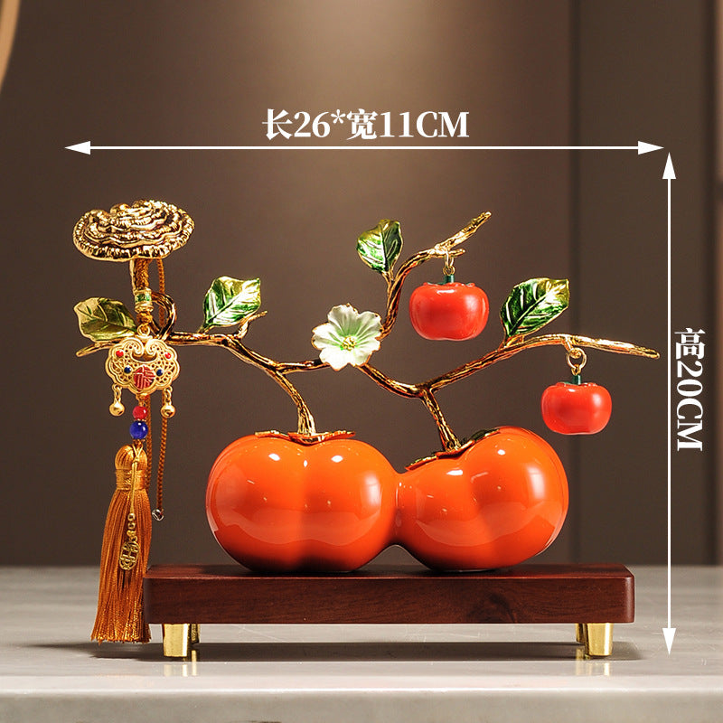 Premium Enamel Porcelain Persimmon Ornament, "Everything Goes Well" Ruyi Ceramic Decor for Living Room TV Wine Cabinet, Housewarming Gift for Boss Executive