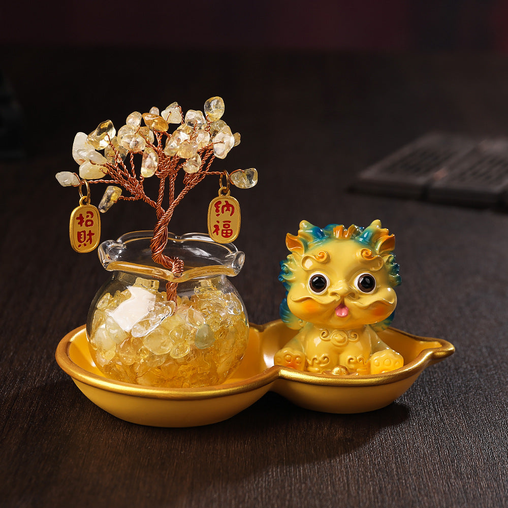 Crystal Tree & Pi Xiu Ornament Set with Wu Lou Gourd Base, Mini Money Tree Prosperity Decor, Cultural Creative Desktop Ornament for Home Office Good Fortune