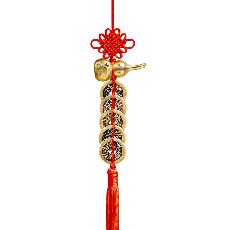 Five Emperor Coins Solid Brass Wu Lou Gourd Pendant, Chinese Knot Fortune & Longevity Hanging Ornament, Door-to-Door Feng Shui Decor for Bedroom Home