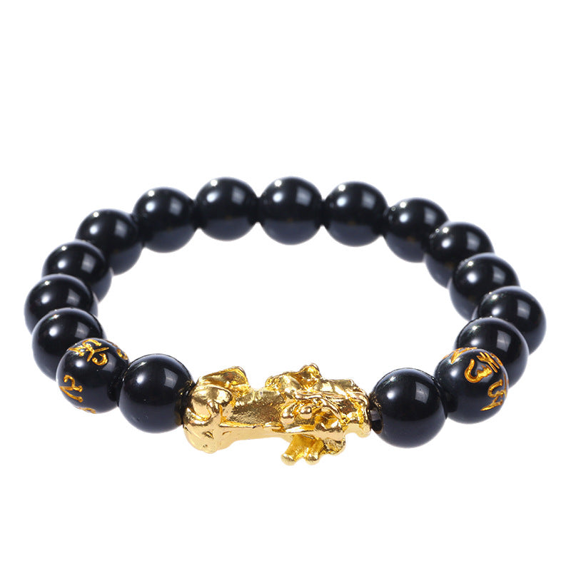 Sand Gold Pi Xiu Bracelet, Matte Gold-Tone Pixiu Feng Shui Charm Bracelet, Wealth Good Luck Beaded Bracelet for Men Women Everyday Wear