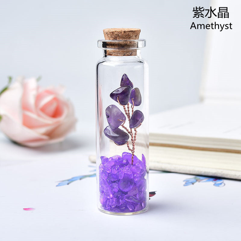 Natural Crushed Crystal Chips Tree in Mineral Specimen Bottle, Multi‑Material Crystal Tree Glass Wishing Bottle Handicraft Ornament, Home Desktop Decorative Display Piece