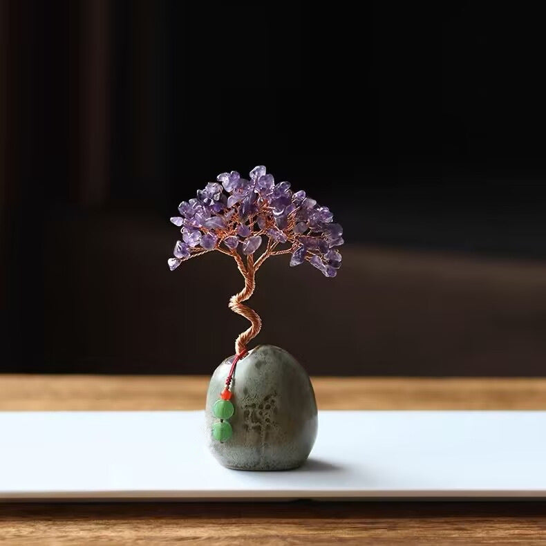 Natural Citrine Money Tree Ornament, Wealth Prosperity Desktop Decor for Home Office Tea Table, Fresh Vintage Style Small Gift Handcrafted Crystal Decoration