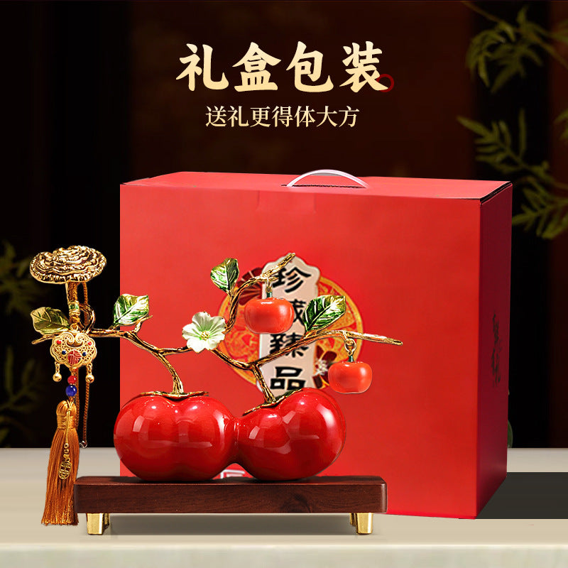 Premium Enamel Porcelain Persimmon Ornament, "Everything Goes Well" Ruyi Ceramic Decor for Living Room TV Wine Cabinet, Housewarming Gift for Boss Executive