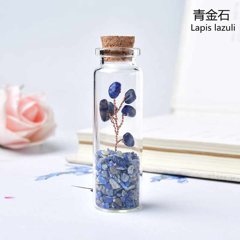 Natural Crushed Crystal Chips Tree in Mineral Specimen Bottle, Multi‑Material Crystal Tree Glass Wishing Bottle Handicraft Ornament, Home Desktop Decorative Display Piece