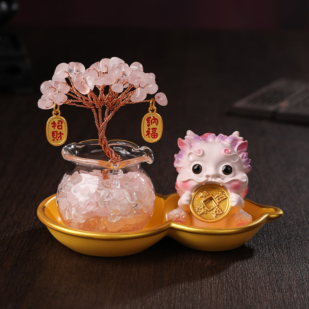 Crystal Tree & Pi Xiu Ornament Set with Wu Lou Gourd Base, Mini Money Tree Prosperity Decor, Cultural Creative Desktop Ornament for Home Office Good Fortune