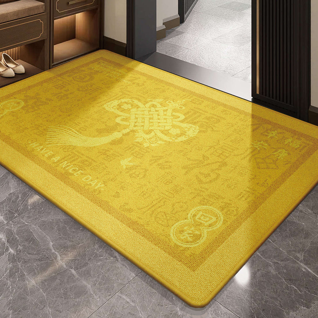 Yellow Feng Shui Doormat, Wear-Resistant Non-Slip Front Door Entryway Mat, Peace Good Luck Auspicious Floor Rug for Entrance Hallway Home Decor