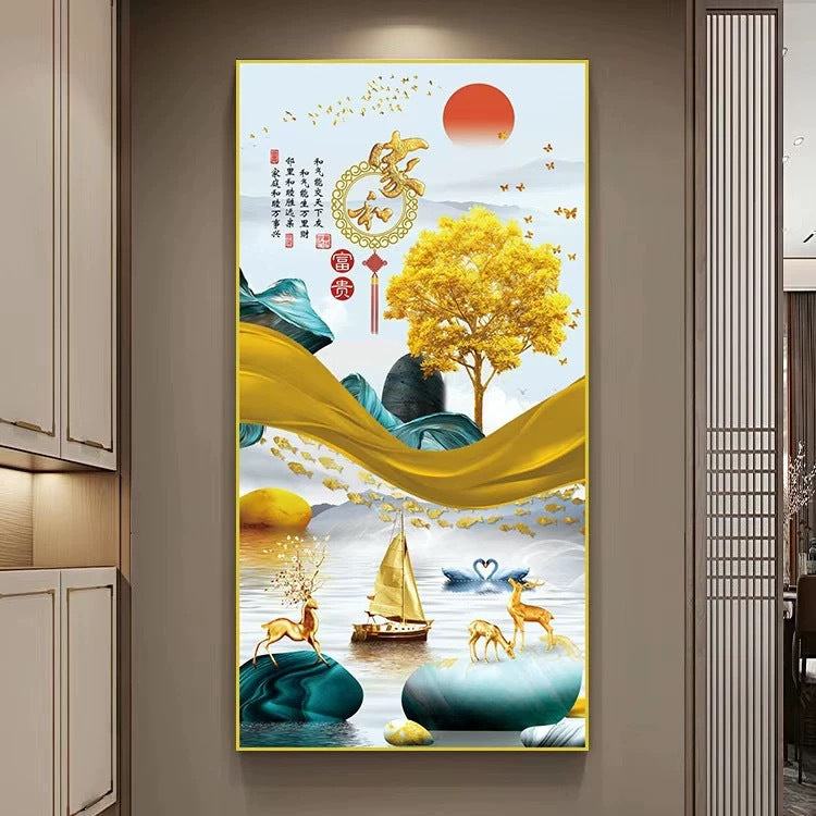 Self‑Adhesive Chinese Style Wall Mural, Auspicious Peace Deer & Harmonious Family Prosperity Vertical Wall Sticker for Entryway Hallway Corridor Home Background Wall Decor