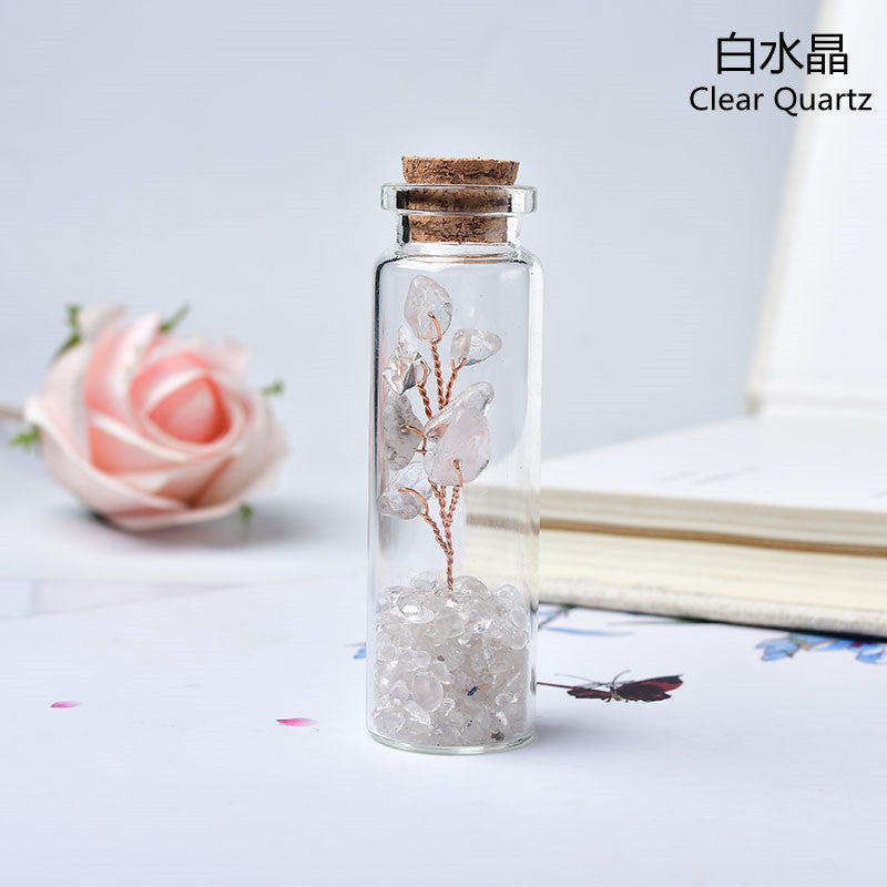 Natural Crushed Crystal Chips Tree in Mineral Specimen Bottle, Multi‑Material Crystal Tree Glass Wishing Bottle Handicraft Ornament, Home Desktop Decorative Display Piece