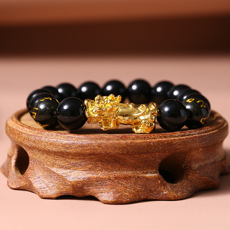 Sand Gold Pi Xiu Bracelet, Matte Gold-Tone Pixiu Feng Shui Charm Bracelet, Wealth Good Luck Beaded Bracelet for Men Women Everyday Wear
