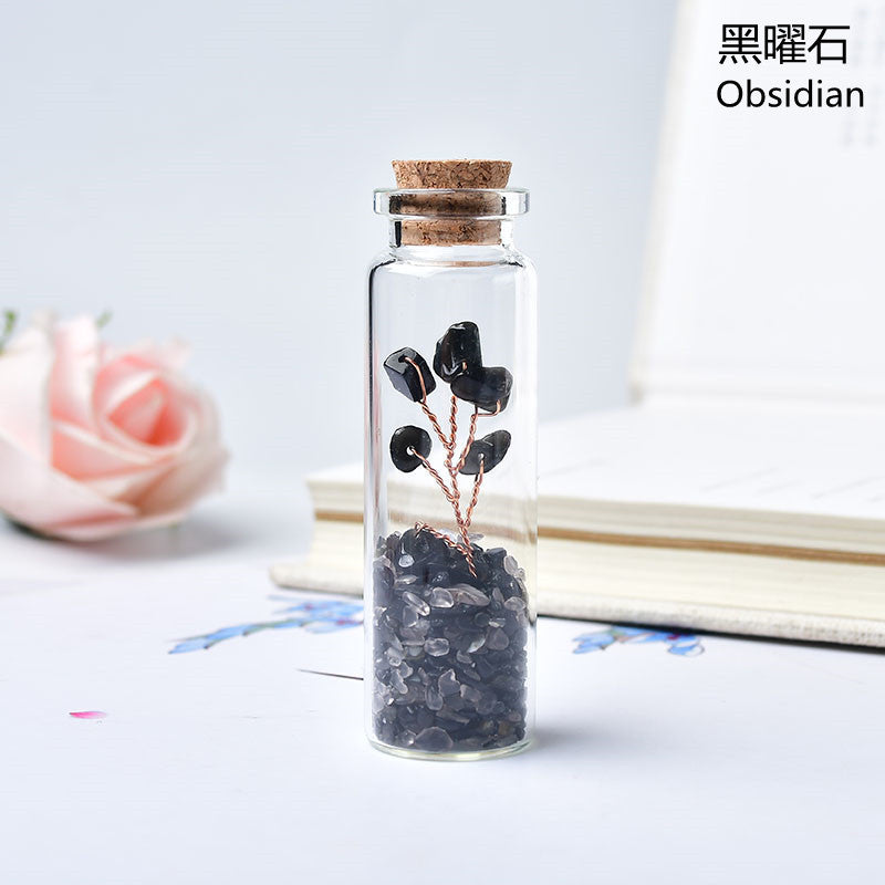 Natural Crushed Crystal Chips Tree in Mineral Specimen Bottle, Multi‑Material Crystal Tree Glass Wishing Bottle Handicraft Ornament, Home Desktop Decorative Display Piece