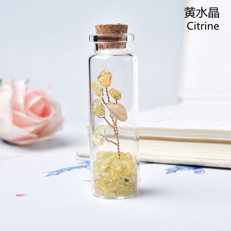 Natural Crushed Crystal Chips Tree in Mineral Specimen Bottle, Multi‑Material Crystal Tree Glass Wishing Bottle Handicraft Ornament, Home Desktop Decorative Display Piece