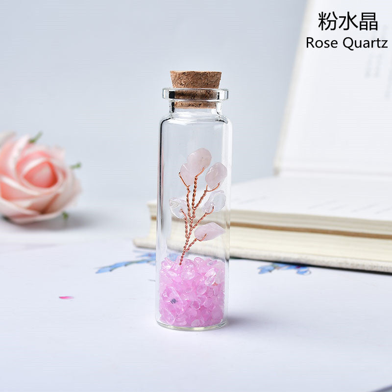 Natural Crushed Crystal Chips Tree in Mineral Specimen Bottle, Multi‑Material Crystal Tree Glass Wishing Bottle Handicraft Ornament, Home Desktop Decorative Display Piece