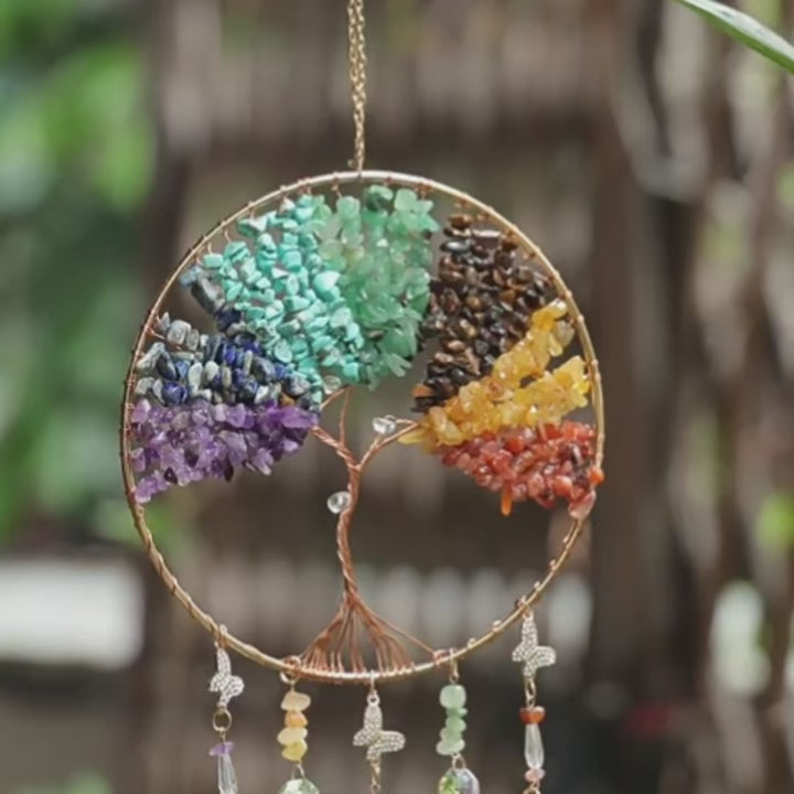 Crystal Suncatcher Wall Hanging Home Decor Natural Stone Gemstone Pink Quartz Fluorite Agate Amethyst Tree of Life Dream Catcher
