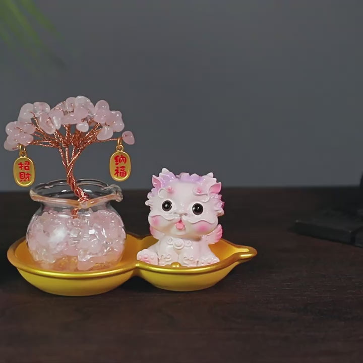 Crystal Tree & Pi Xiu Ornament Set with Wu Lou Gourd Base, Mini Money Tree Prosperity Decor, Cultural Creative Desktop Ornament for Home Office Good Fortune