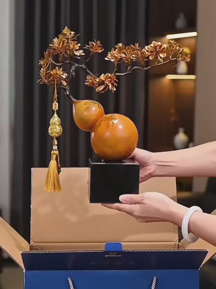 Modern Chinese Style Golden Pine Wu Lou Gourd Ornament, Solid Brass Handicraft with Custom Engraving, Premium Gift Box Housewarming Decor Gift